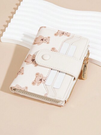 Baellerry 1 件女士钱包，带熊印花，拉链零钱包，按扣钱包，卡片钱包，钥匙扣，女式钱包，钱包，小钱包，可爱钱包