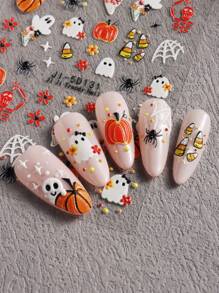 Hình dán móng tay Halloween dễ thương hình ma và hoa, bí ngô, kẹo, mạng nhện dập nổi 5D, tự làm móng tay, hình dán móng tay. - Nhiều màu - Xem 3