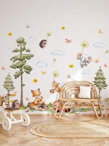 1 Set Cartoon Kiefer, Gänse, Wolke & Fuchs, Igel Wandaufkleber Dekoration für Kinderzimmer Hintergrund, Aufkleber, Wandtattoo, Vinyl Aufkleber für Heim-Dekorationen, Frühlingsdekoration Artikel um Ihr Zuhause aufzufrischen, Rama Dekorations Aufkleber Geschenke Geburtstag Abschluss - Verschiedenfarbig - Übersicht 4