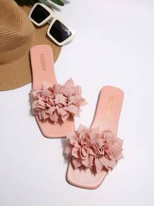 Nuevos cómodos y sencillos sandalias planas de tacón con estampado floral, zapatillas de playa de uso casual con punta abierta para mujeres de talla grande en verano - Rosa - Ver 3