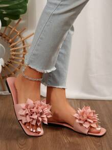 Nuevos cómodos y sencillos sandalias planas de tacón con estampado floral, zapatillas de playa de uso casual con punta abierta para mujeres de talla grande en verano - Rosa - Ver 7