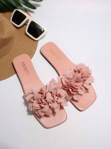 Nuevos cómodos y sencillos sandalias planas de tacón con estampado floral, zapatillas de playa de uso casual con punta abierta para mujeres de talla grande en verano - Rosa - Ver 4
