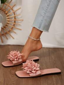 Nuevos cómodos y sencillos sandalias planas de tacón con estampado floral, zapatillas de playa de uso casual con punta abierta para mujeres de talla grande en verano - Rosa - Ver 8