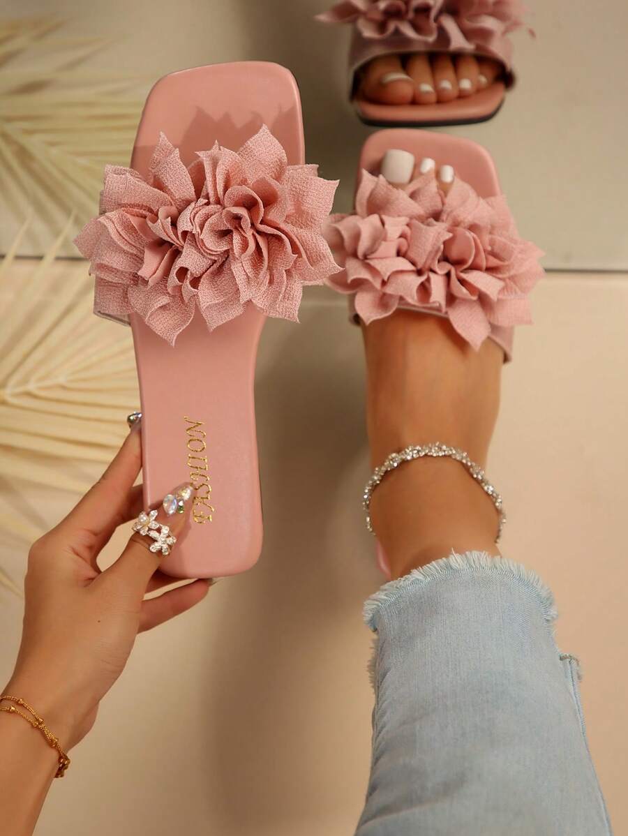 Nuevos cómodos y sencillos sandalias planas de tacón con estampado floral, zapatillas de playa de uso casual con punta abierta para mujeres de talla grande en verano