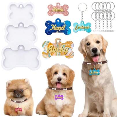Khuôn nhựa Pet Tag bằng silicon cho chó mèo | Khuôn móc chìa khóa hình xương bằng nhựa Epoxy & nhựa kèm 10 móc chìa khóa & 10 vòng nhảy, Mặt dây chuyền móc chìa khóa DIY thủ công