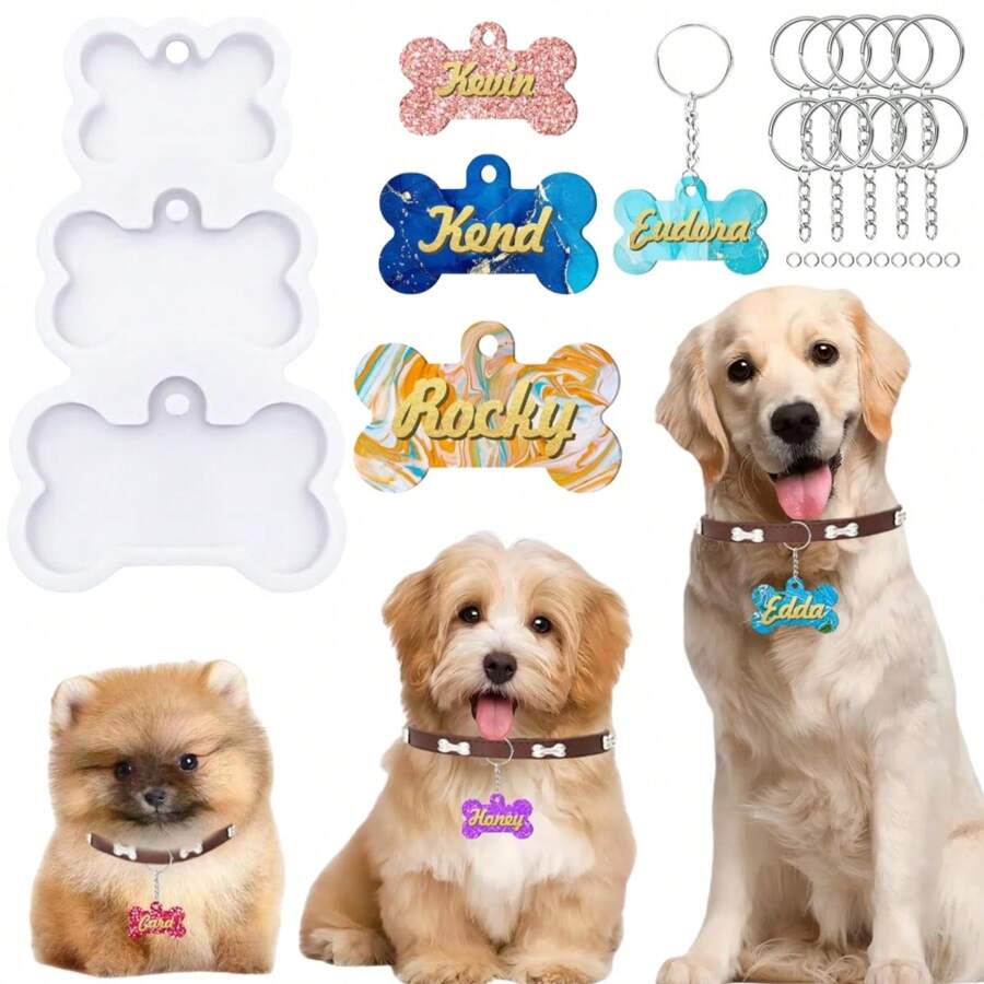Khuôn nhựa Pet Tag bằng silicon cho chó mèo | Khuôn móc chìa khóa hình xương bằng nhựa Epoxy & nhựa kèm 10 móc chìa khóa & 10 vòng nhảy, Mặt dây chuyền móc chìa khóa DIY thủ công - Bộ dụng cụ - Xem 1