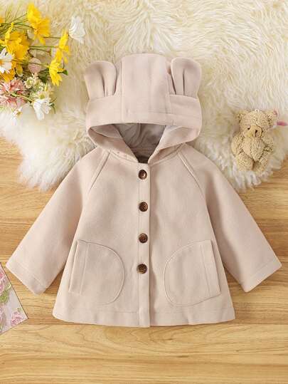 女宝宝秋冬新款纯色长袖羊毛连帽单排扣外套