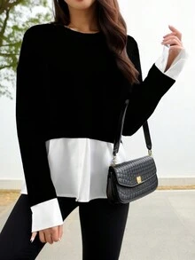 2024 Spring & Autumn Fashionable Round Neck Patchwork Shirt Dress - Black - View 3