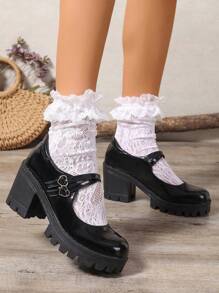 Zapatos de plataforma y cuña para mujer, zapatos Mary Jane Oxford de altura aumentada de moda y talla grande Loligoth, tacones altos gruesos de charol negro versátiles, mocasines para mujer - Negro - Ver 4