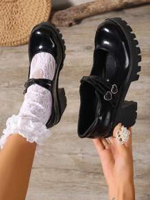Zapatos de plataforma y cuña para mujer, zapatos Mary Jane Oxford de altura aumentada de moda y talla grande Loligoth, tacones altos gruesos de charol negro versátiles, mocasines para mujer - Negro - Ver 3