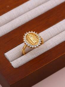 1pc DIY New Virgin Mary Classic Ring, Copper Micro-Inlay CZ Plated 18K Gold Women Girls Faith Virgin Mary Ring