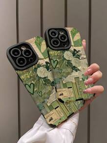1pc New Green Rose Floral Pattern Soft Velvet Texture Anti-Slip Phone Case Compatible With Iphone & Samsung