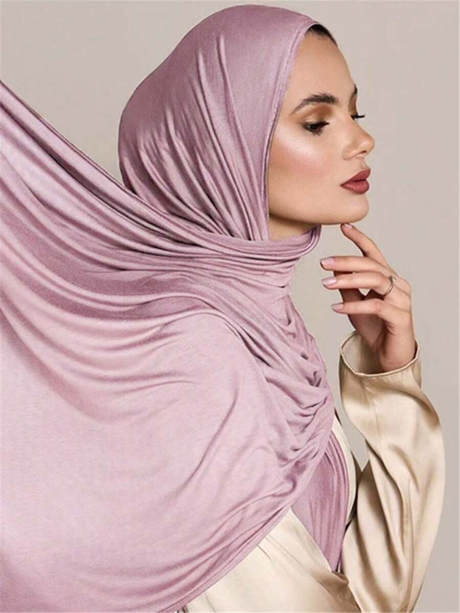 1pc Plus Size Soft Knit Headscarf Shawl, Solid Color Women Scarf, Classic Headwrap Suitable For Abaya Robe And Veil - Pink - View 1
