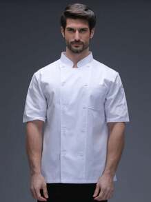 1 pieza Chaqueta de chef unisex, uniforme de chef de manga corta con cuello alto y doble botonadura de color blanco para cocina, panadería, restaurante, trabajo de hotel