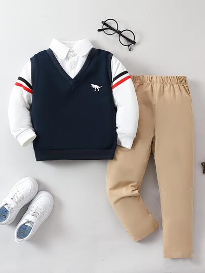 2 件套年轻男孩长袖背心衬衫和休闲裤套装，适合秋冬季