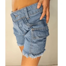 Children's Cargo Shorts With Pockets On The Sides Adjustable Youth Blogger Girl - Light Wash - View 5