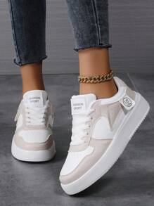 2025新款女士系带休闲鞋、运动鞋、白色鞋、女鞋、滑板鞋、轻便街头鞋 - 米色 - 查看 6