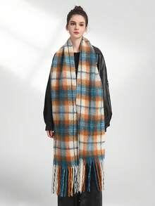 1pc Women's Stylish Plaid Pattern Faux Cashmere Long Tasseled Scarf, Versatile Warm Accessory For Fall And Winter - Multicolor - View 2