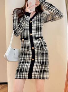 British Elegant Plaid V-Neck Knitted Sweater Dress - Beige - View 1