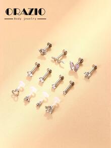 ORAZIO 1 件 16G 正向唇钉耳钉耳环女士无螺纹推入式唇环耳屏美杜莎海螺梦露穿孔珠宝 - 鋼色 - 查看 1