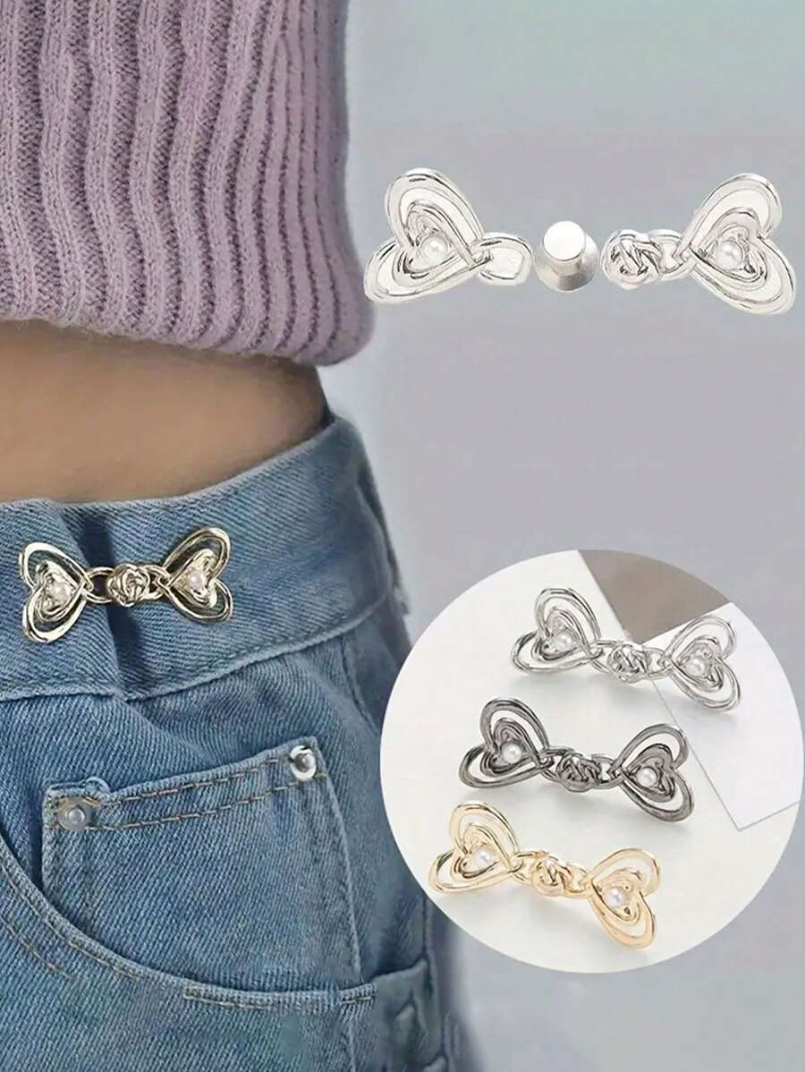 3pairs Heart-Shaped Waist Cincher Buttons, Metal Buttons With Pearls, Sewingless Adjustable Waist Fasteners - Multicolor - View 1
