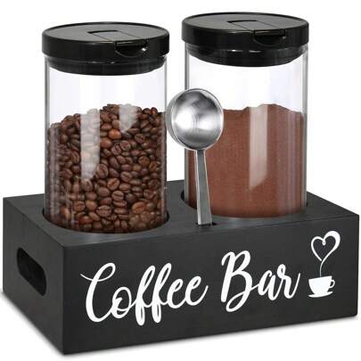 Coffee Station Organizer,Glass Coffee Containers With Shelf, Coffee Bean Storage Jars With Spoon,2x48oz Coffee Bean Storage With Airtight Locking Clamp Coffee Canister For Coffee Bean,Ground Coffe