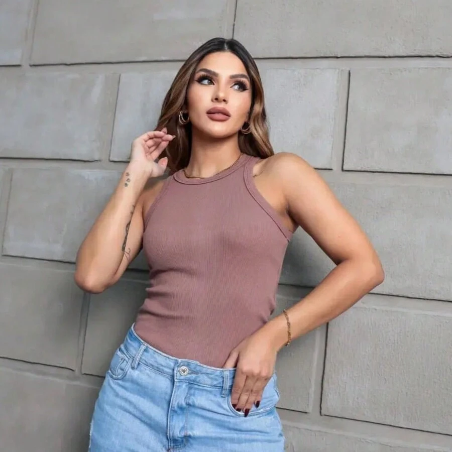 Blouse Blouse Women's Fashion Tank Top Without Cup Ribbed Straps With Elasticity One Size, Fits S And M - Rỉ Nâu - Xem 1
