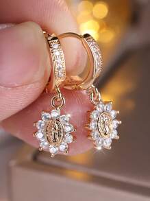 Vanel 2pcs Luxury Classic Copper Alloy Inlaid White Cubic Zirconia Virgin Mary Pendant Earring Set, Suitable For Women Engagement/Wedding Decoration - earring - View 8