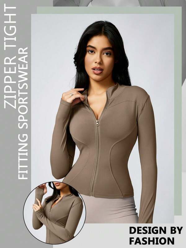 1Pc Women's Solid Color Thumb Hole Sun Protection Elastic Yoga Sports Jacket Yoga Daily Fall