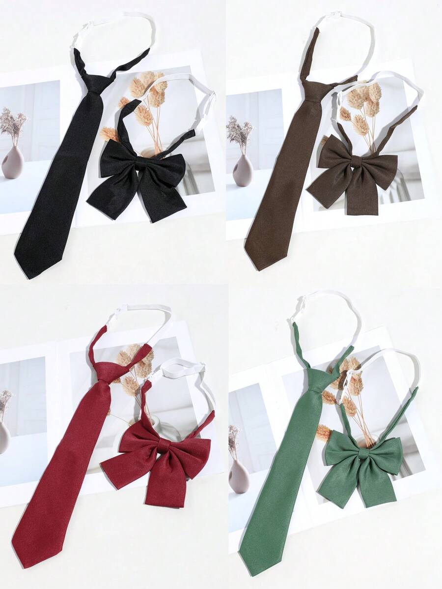 2 件女士时尚纯色黑/棕/红/绿/藏青色校服风格颈带和领结套装，适合搭配衬衫圣诞节