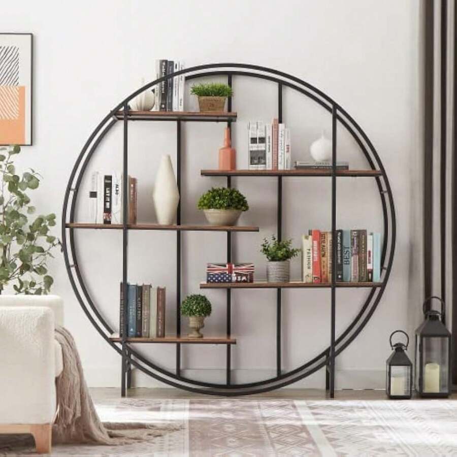 Round Bookshelf Stand & Plant Stand, 5-Tier Metal Bookcase Large Storage Rack, 5 Shelf Book Shelves Indoor Living Room Garden Balcony Display Stand. 67'' W X 11.8'' D X 67'' H. - Brown - View 1