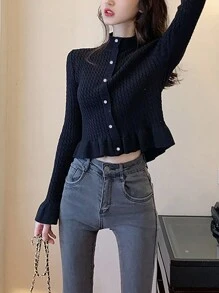 Women's Ruffles Trim Crew Neck Pullover Sweater