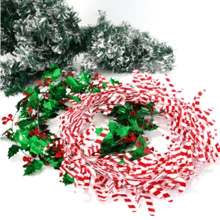 1 pieza Decoración de corona de Navidad de 7.5m con copos de nieve, bastones de caramelo, cintas de colores, bayas falsas, hojas verdes y alambre metálico.