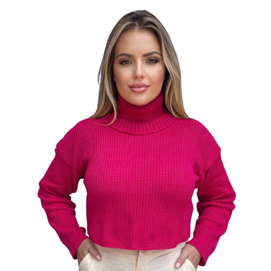 Cropped Turtleneck Long Sleeve Knit Top - Hot Pink - View 1