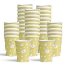 50pcs/100pcs Yellow 3D Daisy Disposable Paper Cups, For Beverages, Coffee, Birthday Party, Family Gathering - Multicolor - View 3