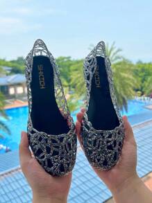 女士夏季镂空平底水晶果冻凉鞋，柔软封闭式鞋头沙滩鞋 - 黑色 - 查看 2