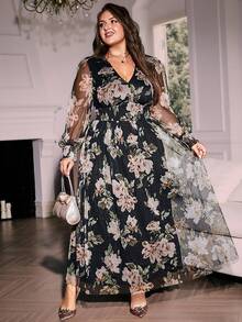 Simplee Women's Plus Size Summer Romantic Mesh Floral Print Long Waist-Cinching Dress, Elegant Formal Gown Vacation Black - Black - View 5