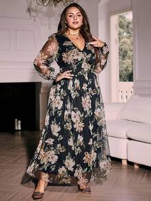 Simplee Women's Plus Size Summer Romantic Mesh Floral Print Long Waist-Cinching Dress, Elegant Formal Gown Vacation Black - Black - View 3