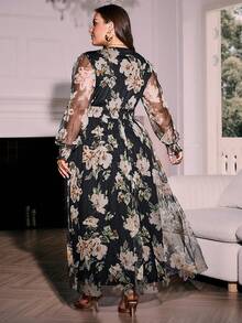 Simplee Women's Plus Size Summer Romantic Mesh Floral Print Long Waist-Cinching Dress, Elegant Formal Gown Vacation Black - Black - View 4