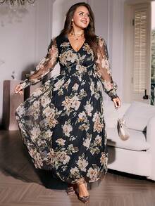 Simplee Women's Plus Size Summer Romantic Mesh Floral Print Long Waist-Cinching Dress, Elegant Formal Gown Vacation Black - Black - View 2
