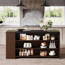 LITTLE TREE 55" Kitchen Island With Storage, Farmhouse 5-Tier Stationary Island Table With 5 Shelves, Wood Coffee Bar Table Storage Cabinet With Large Countertop For Kitchen, Dining Room - 棕色 - 查看 5