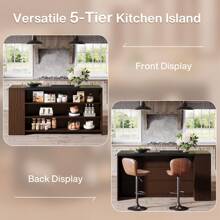 LITTLE TREE 55" Kitchen Island With Storage, Farmhouse 5-Tier Stationary Island Table With 5 Shelves, Wood Coffee Bar Table Storage Cabinet With Large Countertop For Kitchen, Dining Room - 棕色 - 查看 8