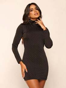Women's Shiny Dress With High Neck And Long Sleeves With Rhinestones - 黑色 - 查看 1