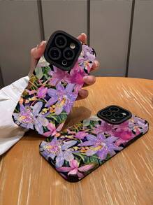 1 pieza Carcasa protectora para teléfono con textura suave y gráfico impreso de iris morado de moda, compatible con iPhone y Samsung - Multicolor - Ver 2