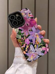 1 pieza Carcasa protectora para teléfono con textura suave y gráfico impreso de iris morado de moda, compatible con iPhone y Samsung - Multicolor - Ver 3