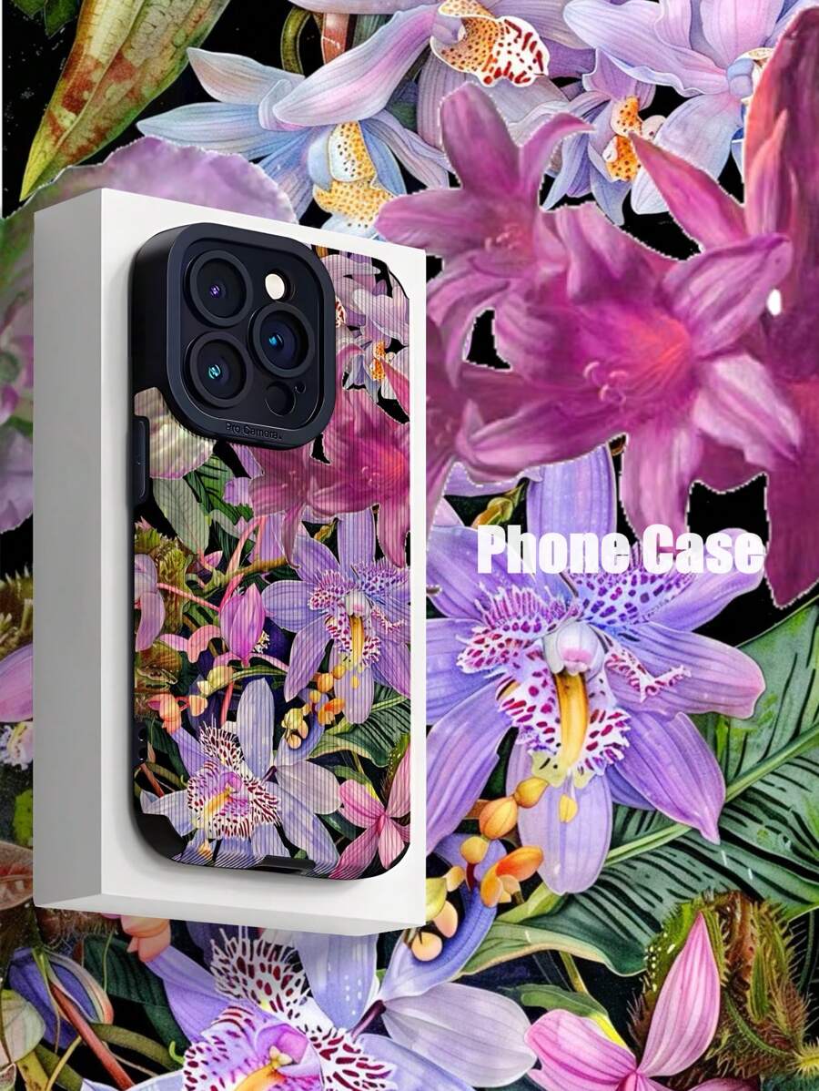 1 pieza Carcasa protectora para teléfono con textura suave y gráfico impreso de iris morado de moda, compatible con iPhone y Samsung - Multicolor - Ver 1