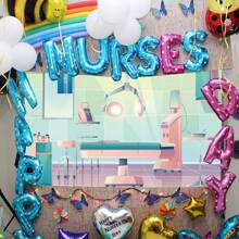 1 pieza Fondo de dibujos animados de sala de operaciones del hospital, cama de anestesia quirúrgica del médico, equipo médico de fondo, decoración de fiesta temática de médico y enfermera, accesorios de estudio fotográfico de enfermería - Multicolor - Ver 5