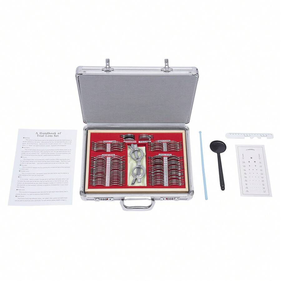 YUNRUX Lenses With Test Frame, Test Lens Kit, 104 Pcs Metal Optometry Test Lenses, Optical Trial Lens Set, Optometry Metal Rim Lens Trial Frame, Aluminum Case, Suitable - A - View 1