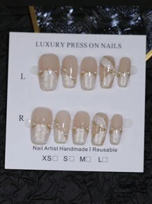 Hand Drawn Ribbon Pearlescent Press On Nails With Golden Metal Magic Line Decoration White And Nude Colors 10 Pieces Nail Tips Short Coffin Reusable Nail Sticker Set With Jelly Glue And Nail File & Stick Nail Supplies Nails - Apricot - View 15