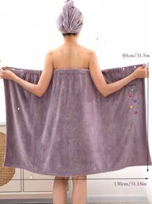 2 pièces Ensemble de peignoir et bonnet de bain pour dames. Idéal pour le mariage, la maison, la salle de bain. Un retour à l'école - broderie violette - Voir 2